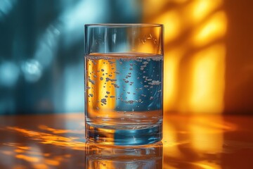 Glass of Water with Bubbles on Orange Table