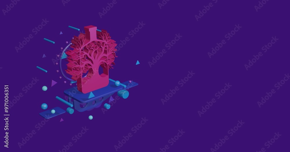 Wall mural pink mystical tree in bottle symbol on a pedestal of abstract geometric shapes floating in the air. 