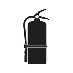 Black fire extinguisher with hose and lever, isolated on a white background, fire safety icon.