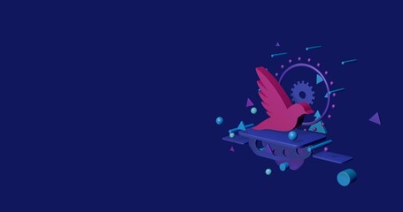 Fototapeta premium Pink bird symbol on a pedestal of abstract geometric shapes floating in the air. Abstract concept art with flying shapes on the right. 3d illustration on indigo background