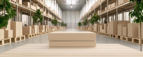 Naklejka premium Sustainable packaging production line using minimalistic, wastefree design principles, with clean and organized stations