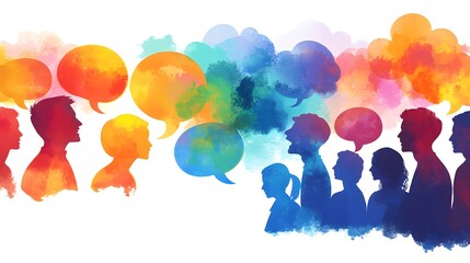A group of people standing in front, with colorful speech bubbles above their heads in different colors and shapes