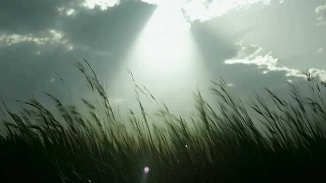 Swaying tall grass under a cloudy sky, illuminated by soft side light, creating a serene and ethereal atmosphere.