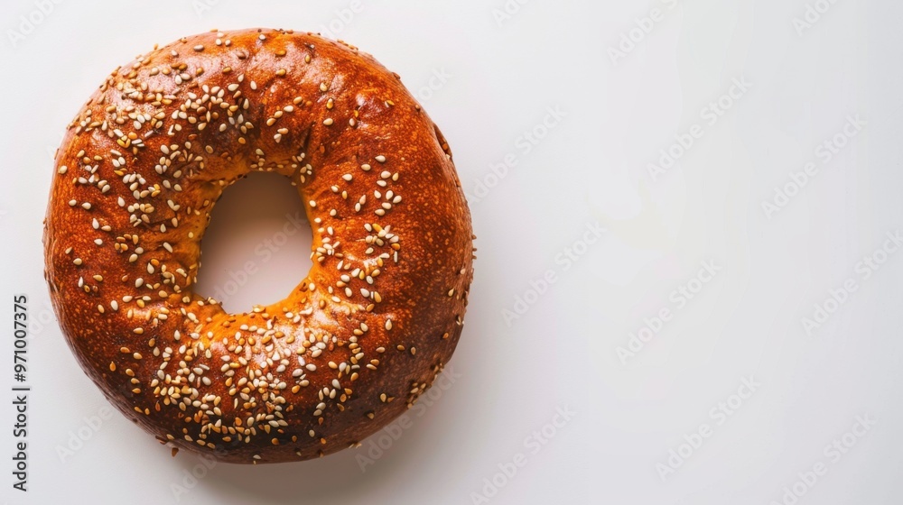 Wall mural Top view of a single toasted bagel with sesame seeds, isolated on a white background, creating a minimalist and appetizing look