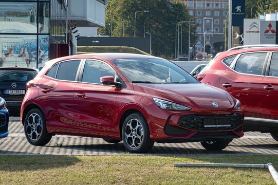 Red Chinese MG3 compact car presented at dealership