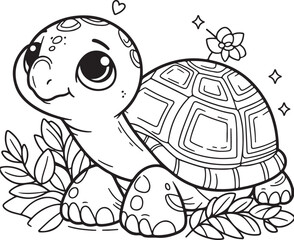 A tortoise lineart coloring book illustration for kids