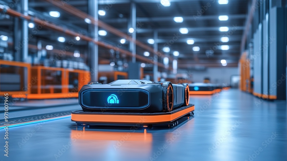 Poster autonomous vehicles and robotics in a fully automated smart factory.