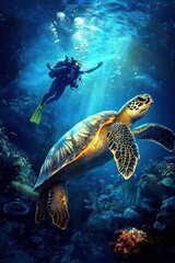 Obraz premium A large sea turtle and a diver in deep sea