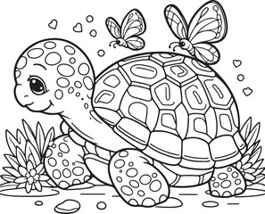 A tortoise lineart coloring book illustration for kids