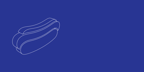 The outline of a large hotdog symbol made of white lines on the left. 3D view of the object in perspective. Vector illustration on indigo background