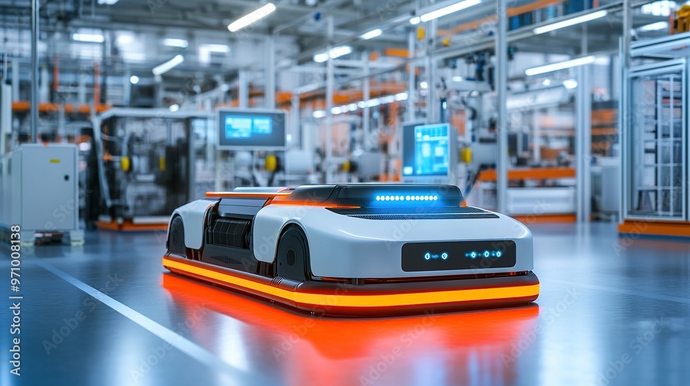 Poster autonomous vehicles and robotics in a fully automated smart factory.