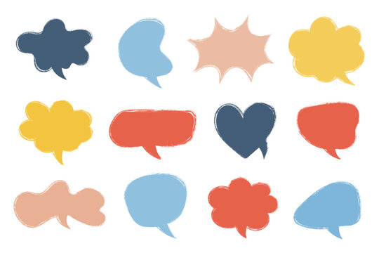 Grunge crayon drawn colourful speech bubbles icon set. Textured doodle dialog bubbles set