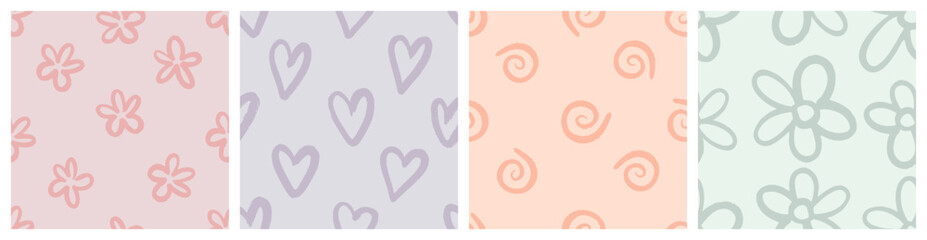 Naive playful seamless pattern set with doodle Hearts, Daisy and Squiggle. Contemporary minimalistic trendy backgrounds for kids in Pastel Tones. Contemporary design for wrapping paper, covers and fab