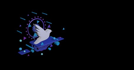 Obraz premium White bird symbol on a pedestal of abstract geometric shapes floating in the air. Abstract concept art with flying shapes on the left. 3d illustration on black background
