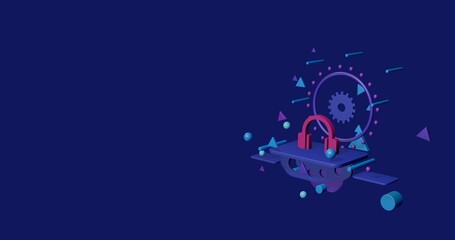 Fototapeta premium Pink headphones symbol on a pedestal of abstract geometric shapes floating in the air. Abstract concept art with flying shapes on the right. 3d illustration on indigo background