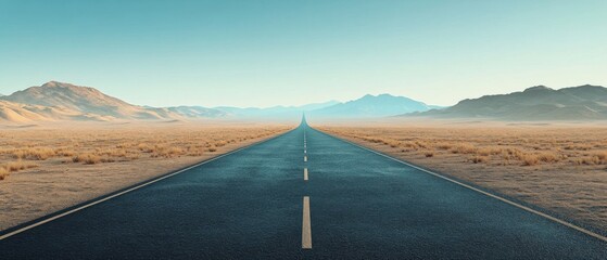 A vast empty road stretches through a serene desert landscape, leading towards distant mountains under a clear blue sky.