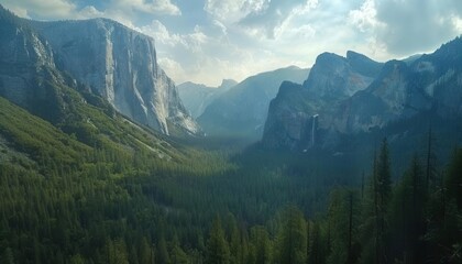 Fototapeta premium Aerial shot of Yosemite Valley, towering cliffs, forest below, open sky, space for text