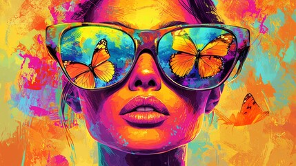 Vibrant abstract portrait of a woman with sunglasses reflecting butterflies, showcasing vivid colors and striking artistic expression.