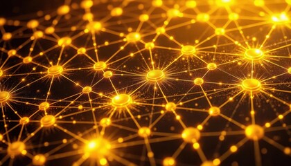 Abstract golden network connections with glowing nodes and lines, representing blockchain, data, and digital communication.