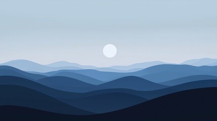 Beautiful minimalist landscape of blue mountains and sunrise with a serene, tranquil aesthetic. Perfect for backgrounds, wallpapers, and art prints.