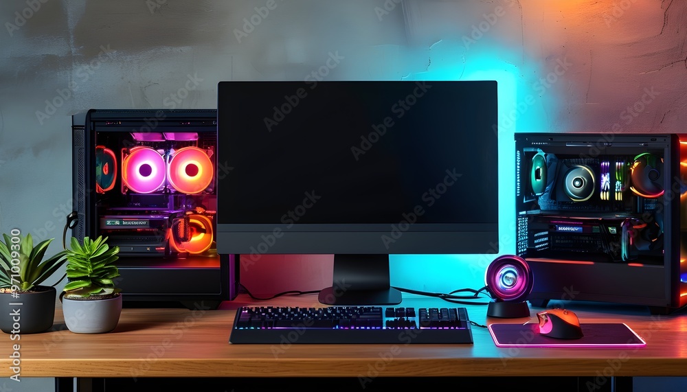 Wall mural futuristic gaming computer desk with isolated screen mockup and vibrant rgb lighting for promotional