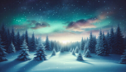 Winter landscape featuring a dense forest of snow covered pine trees under a night sky with stars