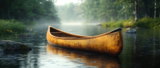 A serene view of a yellow canoe floating on a misty river surrounded by lush green trees, evoking tranquility and nature's beauty.