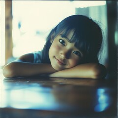 Joyful reflection: young girl with black hair smiling while leaning on table