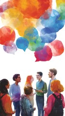A group of people standing in front, with colorful speech bubbles above their heads in different colors and shapes