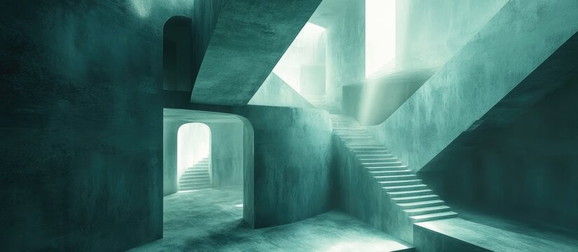 Ethereal 3D illustration of a surreal stair maze depicting concepts of backrooms lucid dreams impossible architecture or a liminal space