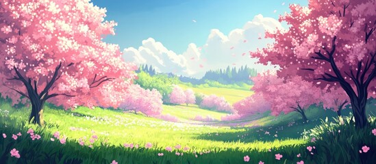 Blooming pink sakura in a lush green meadow featuring a vibrant 2d illustration of cherry trees in a spring landscape