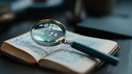 Fototapeta premium Magnifying glass on open notebook – exploring knowledge and curiosity for spring study designs