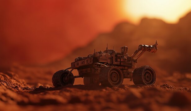 Miniature alien rover model on mars-like terrain for sci-fi exploration theme