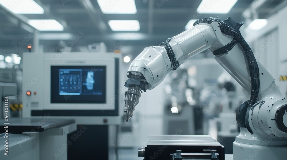 Poster cnc machines and robotic arms used in precision engineering.