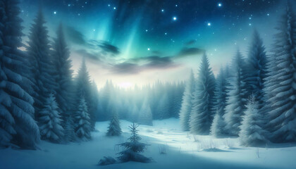 Winter landscape featuring a dense forest of snow covered pine trees under a night sky with stars