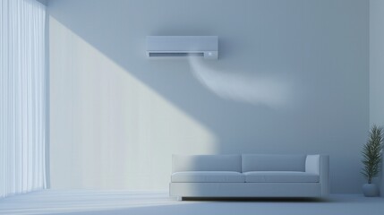 Modern air conditioning unit cooling a minimalist living room interior scene