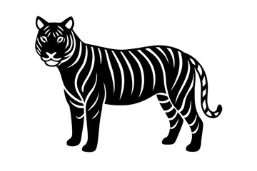 Hand drawn tiger in a minimal linocut style. 4k silhouette black color