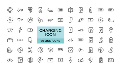 Charging icon collections. recharge, battery, energy, electricity, electric car and charging station icons. Editable Stroke icon collection, Outline icon. Vector illustration