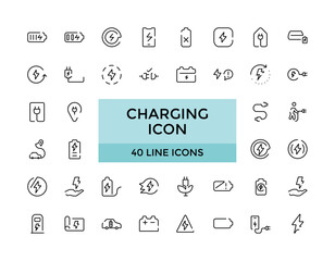 Charging icon collections. recharge, battery, energy, electricity, electric car and charging station icons. Editable Stroke icon collection, Outline icon. Vector illustration