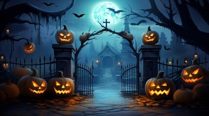 Halloween concept with graveyard gates and many scary pumpkins at midnight. Neural network ai generated art