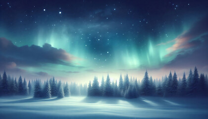 Winter landscape featuring a dense forest of snow covered pine trees under a night sky with stars