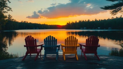 Naklejka premium Colorful Adirondack chairs facing a serene lake at sunset