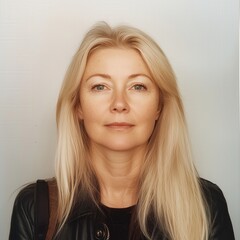 Naklejka premium Professional passport photo of blonde woman with long hair in black leather jacket
