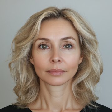 Professional passport photo of blonde woman with wavy hair for identification or travel documents