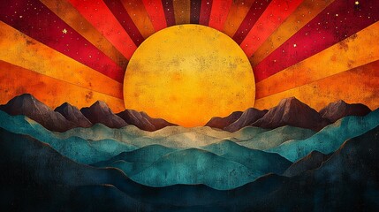 this Sunburst retro vibes graphic print with a groovy 60s-70s background, featuring vibrant colors and patterns.