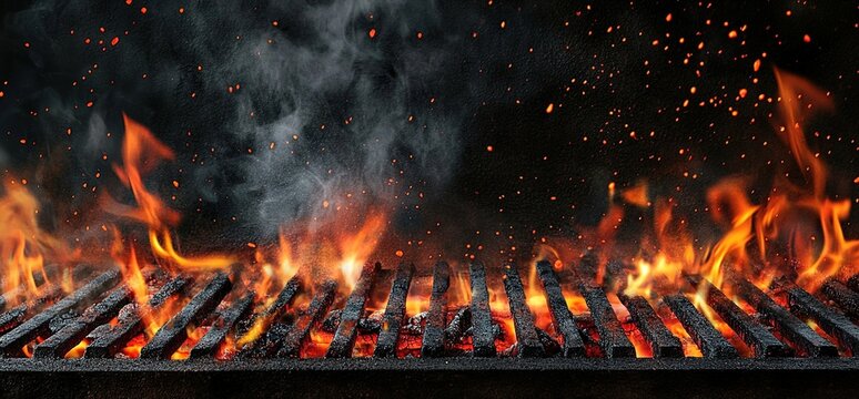 Barbecue background with flames, black grills, and red embers.