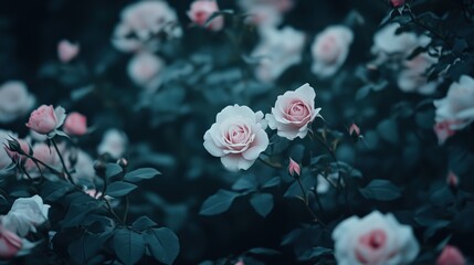 Serene pink roses in dimly lit garden for romantic floral design © Business Image