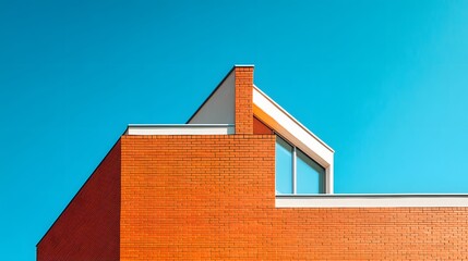 Minimalist architecture featuring geometric brick walls in terracotta against a blue sky, highlighting clean lines and modern design elements in an abstract composition.