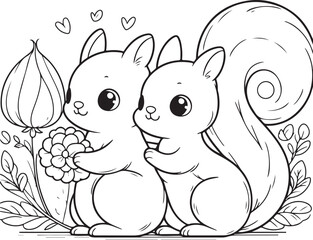A squirrel lineart coloring book illustration for kids