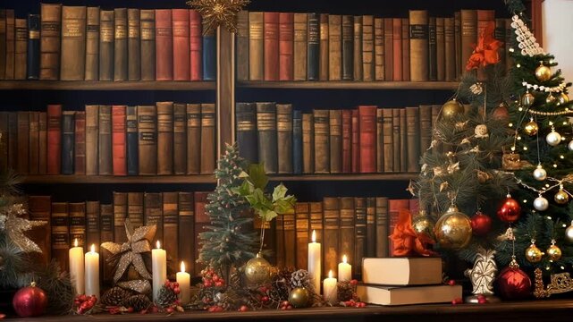 Three christmas trees are standing in front of a bookcase full of old books, decorated with ornaments and illuminated by the warm glow of candles